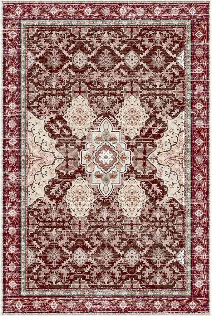 AMTOVO 6x9 Washable Area Rugs for Living Room, Non-Slip Boho Vintage Accent Medallion Print Pattern Carpet for Bedroom Dining Room Home Office Nursery Dorm Farmhouse, Vintage Red
