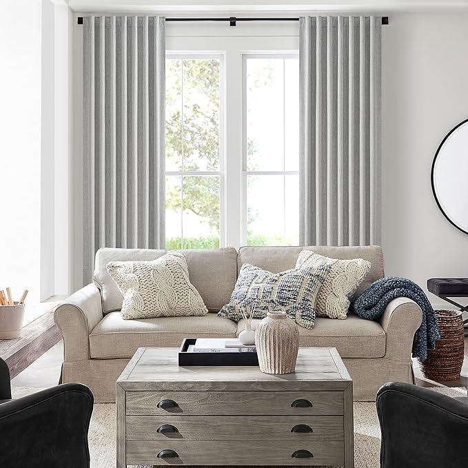 Grey 100% Blackout Curtains 45 Inches Long 2 Panels Set, Short Linen Heat Blocking Drapes 46 Inch Small Window Decor for Kitchen Bedroom Bathroom Thermal Insulated Textured Hook Belt(W50"xL45",Gray)