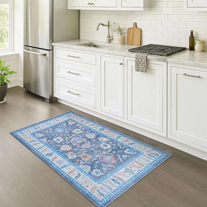 Fame Rugs Blue Modern Oushak Rug 3x5, Washable Vintage Turkish Colorful Oriental Antique Inspired Foldable Small Area Rugs, Luxury Living Room Bedroom (387BNB, 2'6" x 5')