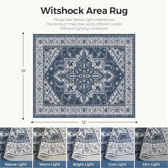 WITSHOCK Living Room Area Rugs 10x12: Washable Rug Boho Soft Non-Slip Low Pile Stain Resistant Foldable Carpet for Bedroom Playroom Dining Room Office Kitchen Farmhouse Home Decor Rug-Blue
