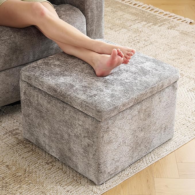 Modern Cube Storage Ottoman, Chenille Ottoman Foot Stools, Ottoman Footstool with Removable Lid, Storage Ottoman for Chair, Multi-Functional Footrest, Dark Grey