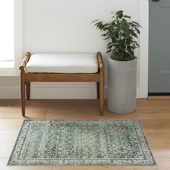 Kitchen Rugs Non Slip Washable,Farmhouse Style Floral Boho Kitchen Rug for Sink Bath Vintage Bathroom,2x3,Dark Green
