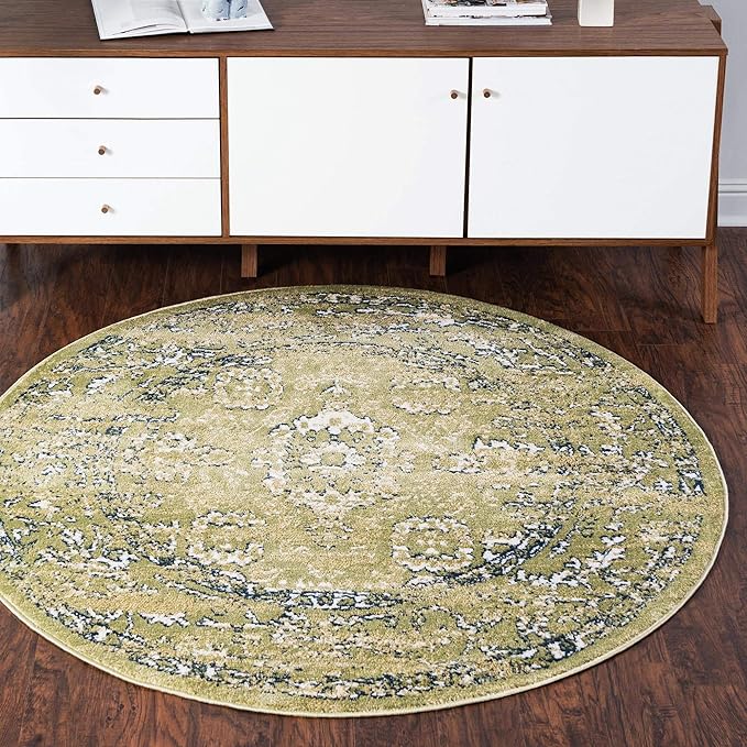 Rugs.com Charleston Collection Rug – 5 Ft Round Green Low-Pile Rug Perfect for Kitchens, Dining Rooms