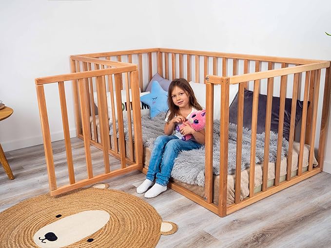 Montessori Bed for Toddlers with 31.4" Rails, Made in Europe Floor Bed for Kids from Alder Wood, 7 Colors Toddler Play Pen, Water Based Paint, 5 Sizes Wood Playpen for Toddler Playroom (Model 6.3)