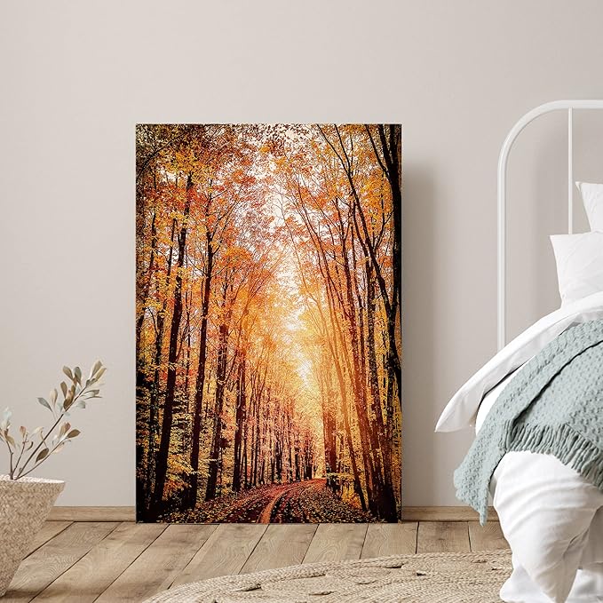SIGNWIN Canvas Print Wall Art Rustic Trail Red Autumn Forest Nature Wilderness Photography Modern Art Farmhouse/Country Landscape Colorful Multicolor Ultra for Living Room, Bedroom, Office - 32x48