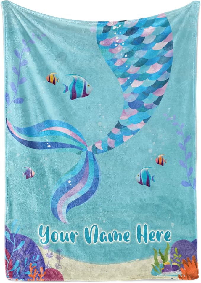 Personalized Mermaid Blanket for Girls | Kids Unicorn | Custom Plush Fuzzy Unicorns for Toddler | Customized Little Girl Throw Blankets | Baby Girl Sofa Bed Birthday (Fleece – 50x60)
