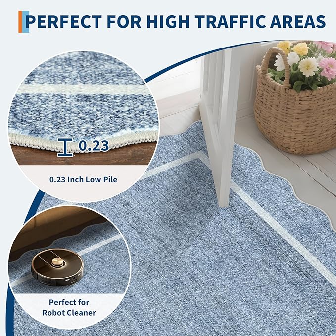 GarveeHome Scalloped Large Living Room Area Rug 8x10 - Machine Washable Modern Rugs Bordered Neutral Rug Non-Shedding Low Pile Farmhouse Carpet for Bedroom Nursery Classroom Dorm 8 ft x10 ft Blue