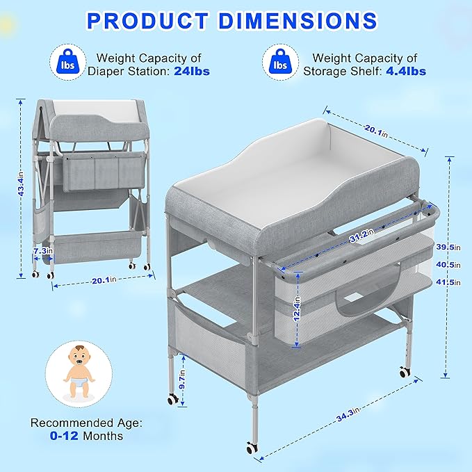 Portable Baby Changing Table, Foldable Changing Table Dresser Baby Changing Station, Height Adjustable Waterproof Diaper Changing Table Pad Topper, Newborn Nursery Organizer