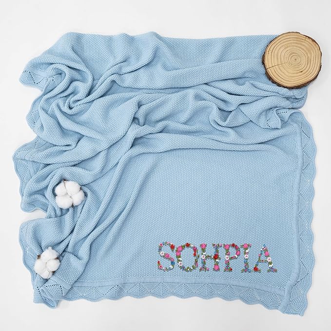 Luxury Personalized Baby Blanket, Soft Breathable Cotton Knit, Custom Embroidered Name Blanket, Newborn Baby Gift, Baby Shower Present, Gifts for New Mom, Baby Girl & Boy Style 4