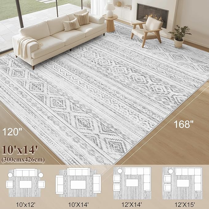 Area Rugs for Living Room Washable Living Room Rug Soft Neutral Indoor Floor Carpet Non-Slip Stain Resistant Modern Boho Rugs for Bedroom Dining Room Kids Room Nursery Office Home Light Grey