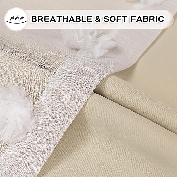 MYSKY HOME Beige Curtains for Bedroom 63 Inch Long Double Layer Curtains for Kids Room Kithen Beige Pom Pom Sheer Nursery Curtains Grommet Room Darkening Window Curtains 2 Panels Set, 52 x 63 Inch