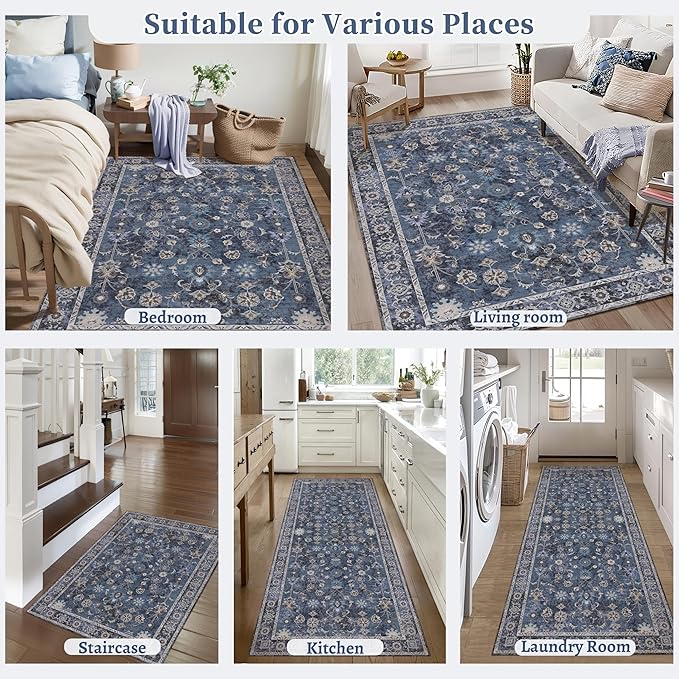 Tangsoo 2x12 Washable Long Runner Rug for Hallway Non Slip, Boho Floral Vintage Carpet Runner Rugs for Entryway Kitchen, Floor Low Pile Runners for Laundry Bedroom Alfombra Blue Black Farmhouse