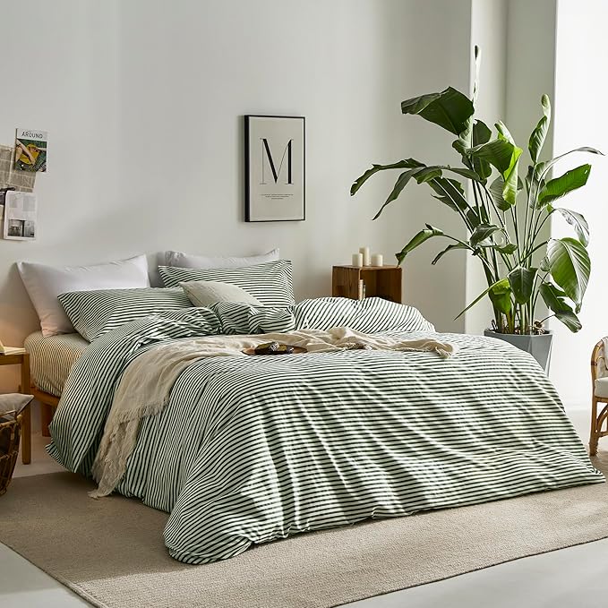 JELLYMONI 100% Natural Cotton 3pcs Striped Duvet Cover Sets,White with Green Stripes Pattern Printed Comforter Cover,with Zipper Closure & Corner Ties(Queen Size)