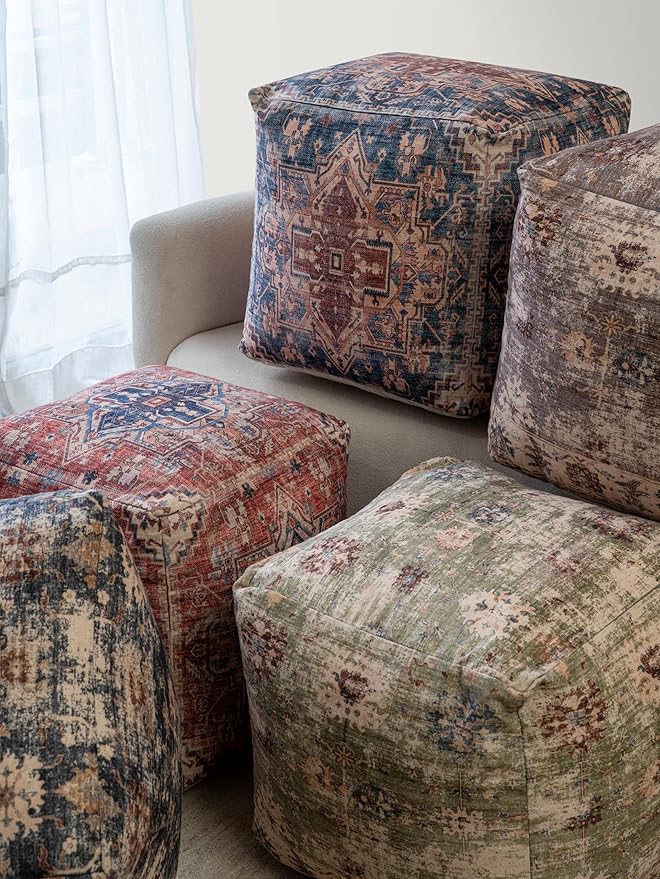 LR Home Vintage Medallion Indoor Medium Pouf Ottoman | Polyester Pouf for Home Decor | Foot Rest for Living Room, Bedroom & Dorm | 18 x 18 x 18 Stuffed Ottoman for Seating | Rust/Navy