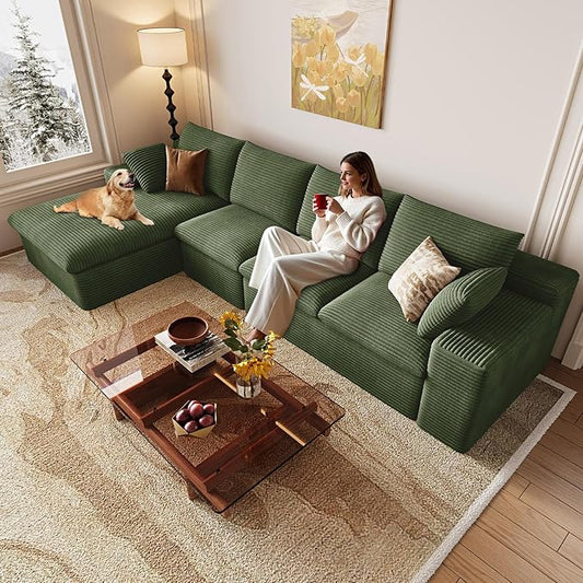 136 Inch Cloud Sectional Couch, Modern Modular Sectional Sofa with Deep Seat, Corduroy Boneless Couches with L-Shape Chaise for Living Room Bedroom, No Assembly Required (Green, Left Facing Chaise)