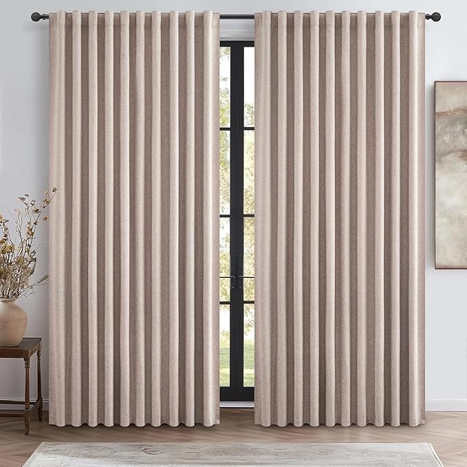 140 Inches Extra Wide Curtains (Each W70xL108x2) Linen Farmhouse Insulated Thermal Large Window Heavy Duty Draps for Summer Heat Patio Sliding Door 100 Percent Blackout Hook Belt(W70xL108x 2Panels)