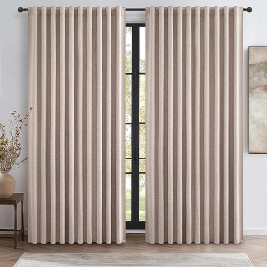 140 Inches Extra Wide Curtains (Each W70xL108x2) Linen Farmhouse Insulated Thermal Large Window Heavy Duty Draps for Summer Heat Patio Sliding Door 100 Percent Blackout Hook Belt(W70xL108x 2Panels)