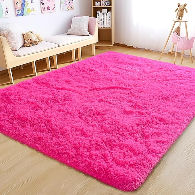 Fluffy Rug Washable 4x6 Feet, Hot Pink Fuzzy Rugs for Bedroom Girls, Flame Retardant Plush Shaggy Rug Home Decor