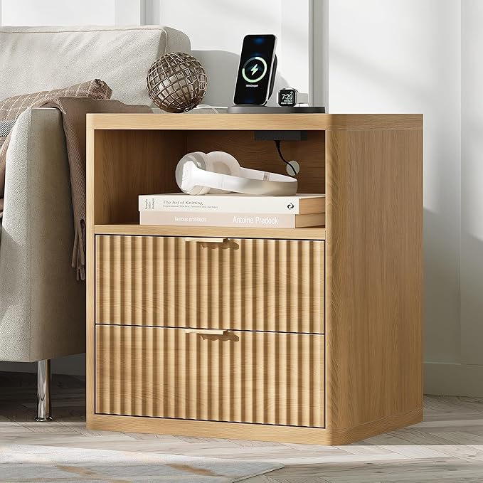 Fluted Nightstand with Charging Station, 21.7" Wide Modern Night Stand with 2 Drawers Open Storage Cabinet, Wooden Bedside End Table for Bedroom, Natural Oak