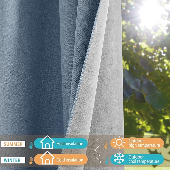 NICETOWN Stone Blue Full Shade Faux Linen Curtain Panels 95" Long, Pair of Energy Smart & Noise Blocking Out Blackout Drapes for Guest Room Window, Thermal Insulated Lined Window Dressing (52 inch)
