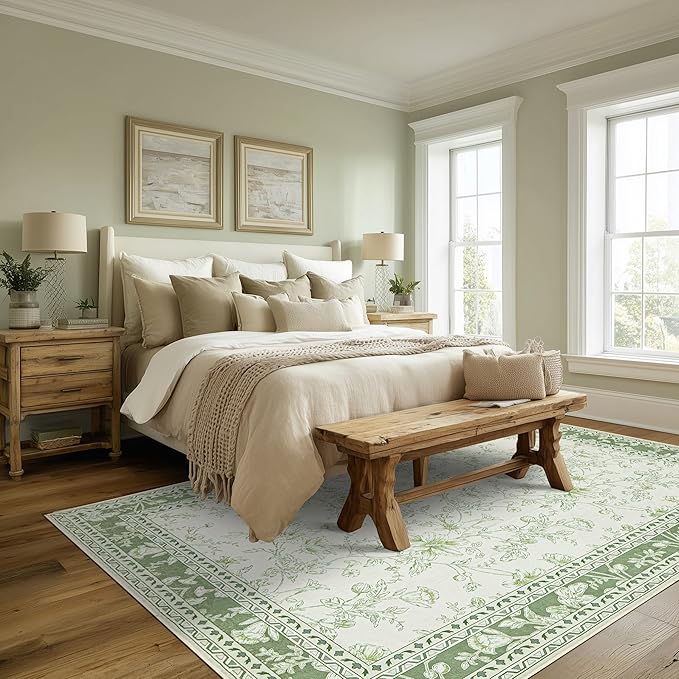 Sage Green Rugs for Bedroom 7x9 Area Rug for Living Room Machine Washable Light Green Cream Beige Printed Non-Slip Vintage Floral Distressed Indoor Boho Farmhouse Carpet for Dining Room Nursery