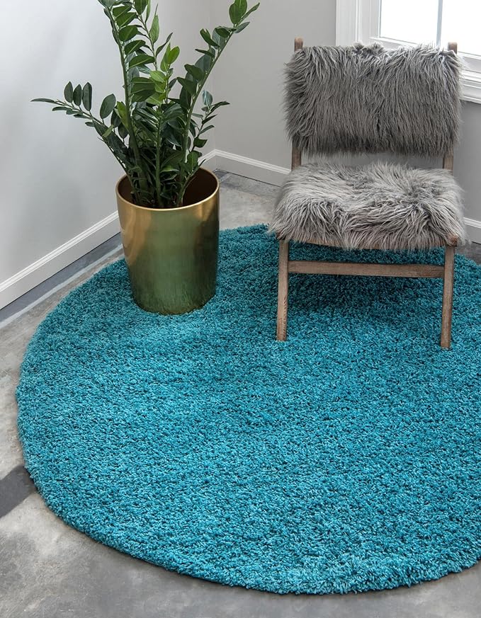 Unique Loom Solid Shag Collection Area Rug (4' 1" Round, Deep Aqua Blue)