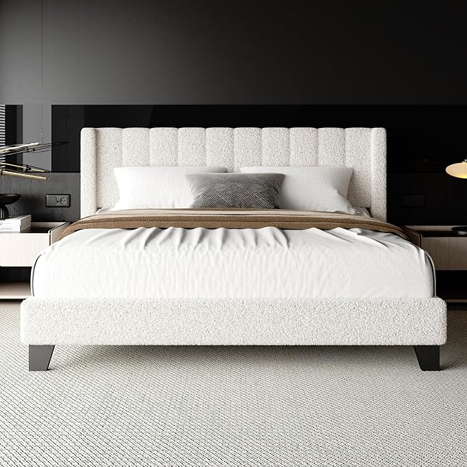 Queen Bed Frame with Headboard Upholstered Platform Bed Frame with Teddy Velvet Headboard, Wooden Slats Support/Wing Edge Design/No Box Spring Needed/Easy Assembly, Beige Queen