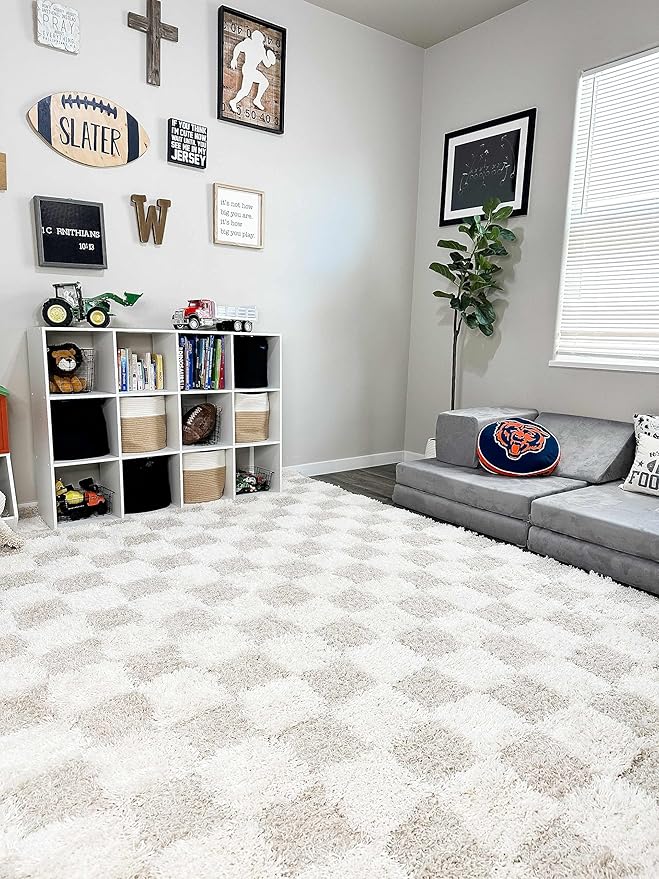 BoutiqueRugs Atira Checkered Shag Area Rug - Cream, Light Beige, Light Brown - 9'2" x 12'