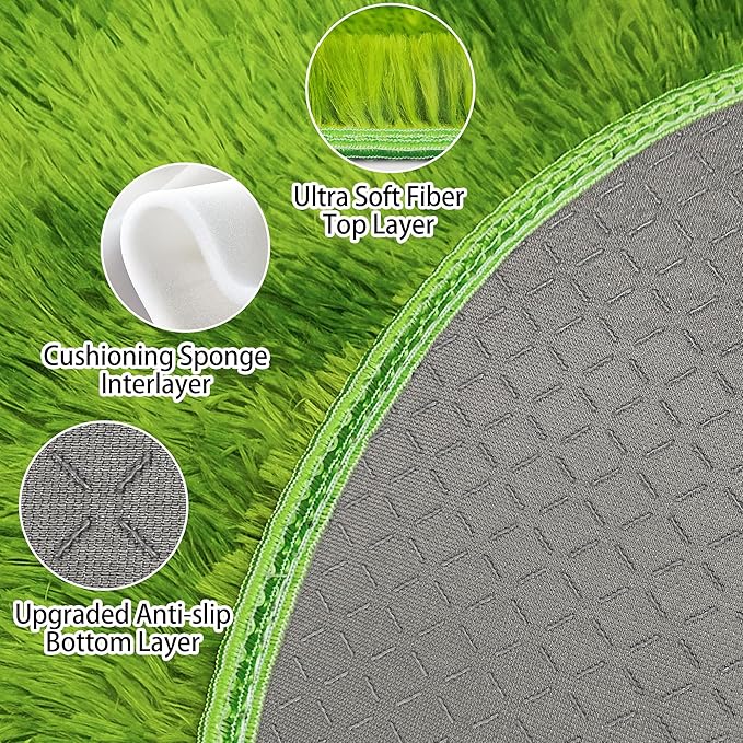 8 ft Large Fluffy Round Green Grass Area Rugs for Bedroom,Soft Shaggy Circular Rug Plush Fluffy Circle Carpet Fuzzy for Living Room Nursery Baby Toddler Room Playroom Dorm Home Decor Aesthetic