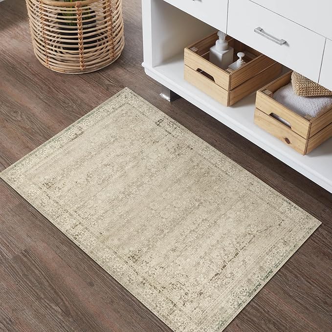 Boho Kitchen Rug Washable,2x3 Non Slip Farmhouse Neutral Small Area Rug for Bathroom Bedroom Indoor Entrway Ultra Thin Fit Under Door,Tan Brown and Cream Beige