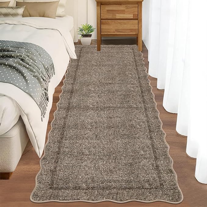 GarveeHome Scalloped Washable Runner Rug 2x8 Runner Modern Non Slip Kitchen Runner Distressed Low Pile Entryway Rug Soft Bathroom Rugs Stain Resistant Carpet for Bedroom Hallway Laundry 2'x8' Taupe