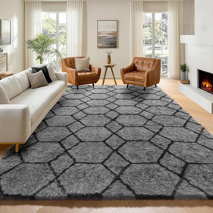 ONASAR 7x9 Area Rugs for Living Room Bedroom, Washable Large Fluffy Grey and Black Throw Rug, Geometric Soft Plush Shaggy Floor Carpet for Nursery Kids Girls Boys Teen Dorm Home Decor Aesthetic