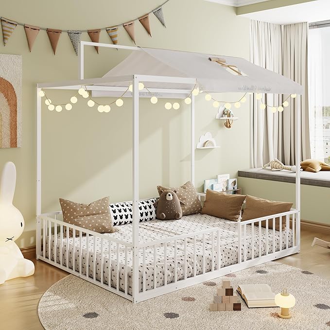 Merax Full Size Convertible Montessori Floor Bed, Metal House Bed Framefor Kids, Floor Beds with Fence for Kids,White