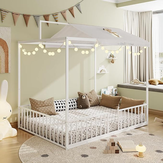Merax Full Size Convertible Montessori Floor Bed, Metal House Bed Framefor Kids, Floor Beds with Fence for Kids,White