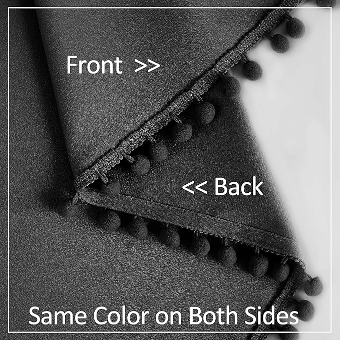 Treatmentex Pompom Blackout Curtains Bedroom Black 84 inch Length Windows Drapes Triple Weave Thermal Insulated Curtain Panels for Nursery Room Studio Hotel 52" w x2 Panels Rod Pocket