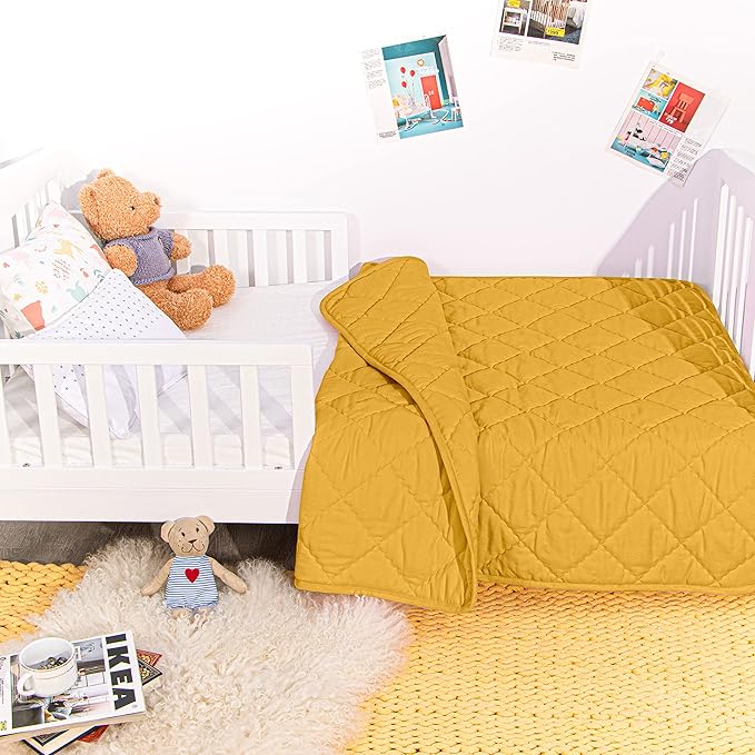 Down Alternative Oversized Toddler Comforter 43x60, Lightweight Warm Solid Color Baby Crib Quilted Blanket for Boys Girls, Yellow