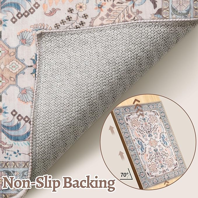 Tangsoo 2x6 Washable Runner Rug for Hallways,Non Slip Vintage Persian Floral Rug Runner, Soft Low Pile Neutral Floor Carpet Runners for Kitchen Bedroom Entryway Living Room Bedside Laundry Home Decor