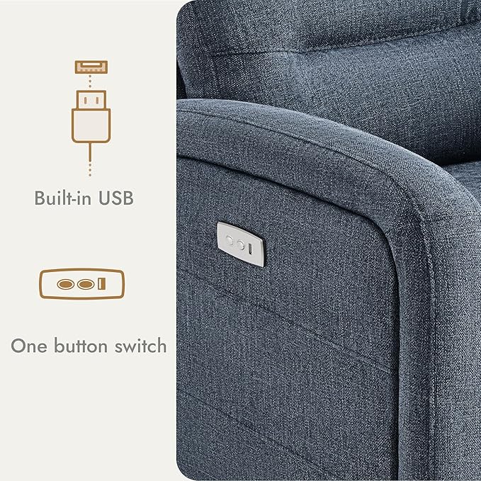 Watson & Whitely Swivel Power Recliner Glider Rocker, Small Recliner with Charging Port for Living Room, Fabric in Blue