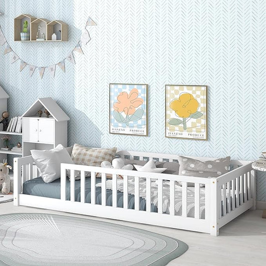 Twin Size Montessori Floor Bed with Wood Slats for Kids Bedroom,Wood Montessori Bed Frame with Safety Guardrails for Girls & Boys,Space Saving Design,White