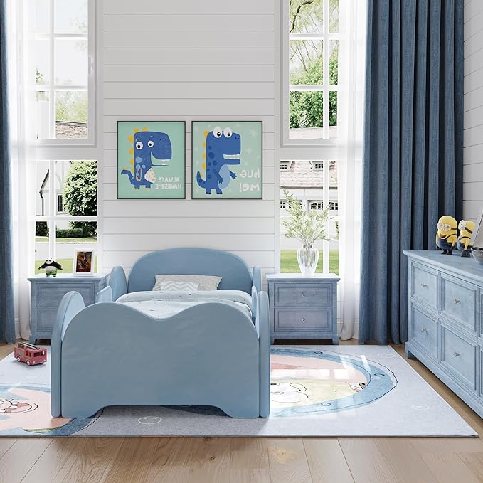Toddler Bed, Toddler Flood Bed with Extra Safety Broad, Standard Crib Size for Kids, Certified Fabric Beds, Low to Floor Design (Blue)