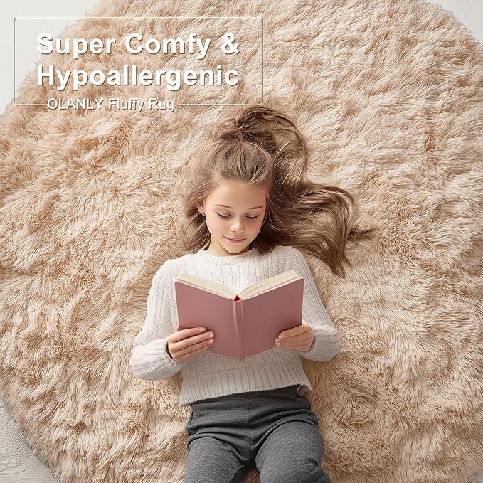 OLANLY Beige Round Rugs for Bedroom - Machine Washable, 3 ft Circle Area Rugs for Living Room, Soft and Fluffy Shaggy Carpet for Teen Girls and Boys, Nursery Rooms, Dorms, Home Decor Aesthetic