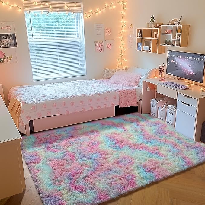 ONASAR Rainbow Area Rugs for Girls Bedroom, 4x6 Fluffy Bedside Colorful Rug, Cute Washable Soft Plush Shaggy Princess Fuzzy Indoor Floor Carpet for Nursery Kids Baby Teen Dorm Playroom Home Decor