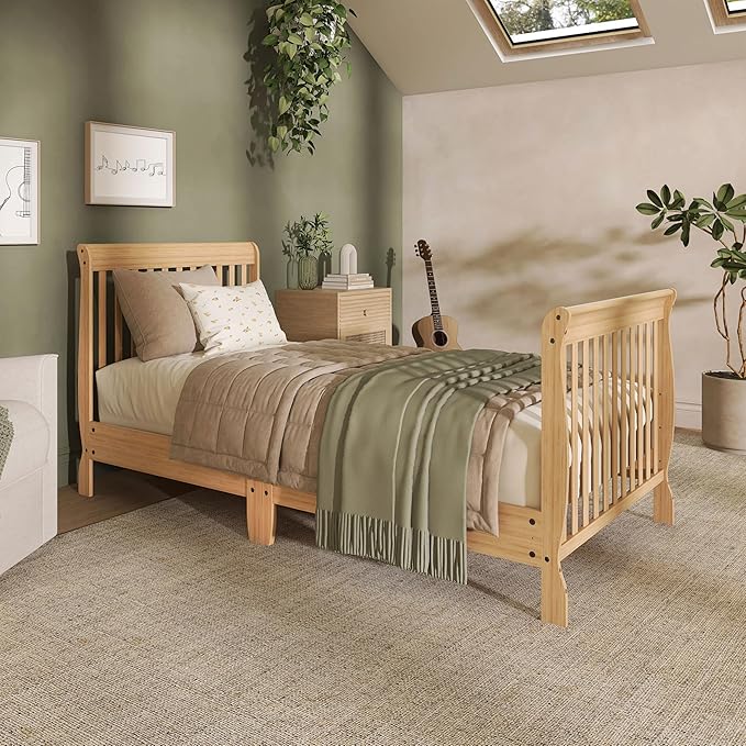 Dream On Me Aden 4-in-1 Convertible Mini Baby Crib in Natural, GreenGuard Gold & JPMA, Sustainable Pinewood, Non-Toxic Finish, 3 Mattress Heights, Converts to Mini Day & Twin-Size Bed