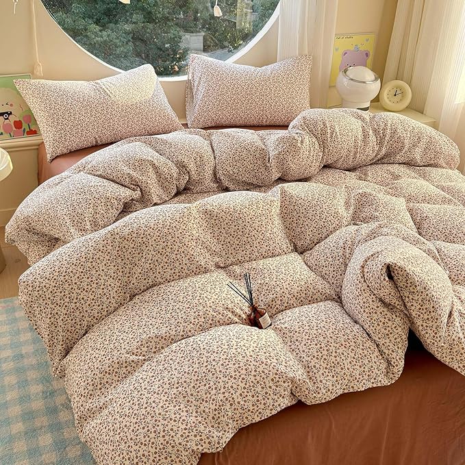 LifeTB Muslin Cotton Duvet Cover Set Twin Size Vintage Floral Duvet Cover Ultra Soft Breathable Comforter Cover Chic Flower Bedding Set Linen Feel Textured Gauze Comforter Cover with Zipper Closure