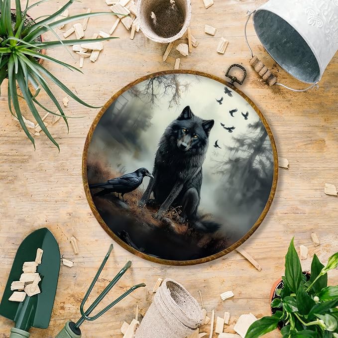 Hiuwevt Dark Academia Misty Black Wolf Raven Round Wall Art Decor, Mystical Gothic Framed Canvas Prints, Moody Wildlife Animal Round Wall Hanging Decor for Bedroom Home Decorations, 10x10 Inches