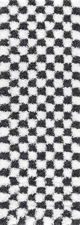 BoutiqueRugs Atira Black and White Checkered Shag Runner Rug - Modern Checkered Shag - High Pile Fluffy Shaggy Carpet for Hallway, Kids Room - White, Black - 2'7" x 7'3" (2x8)