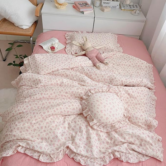 AOJIM Baby Muslin Duvet Cover with Pink Floral Patterns, 1pc Pure Cotton Kids Bedding Comforter Cover 2-layer Gauze 47X59'', Ruffled Design Baby Duvet Protector for Girls Boys, No Quilt or Pillowcases
