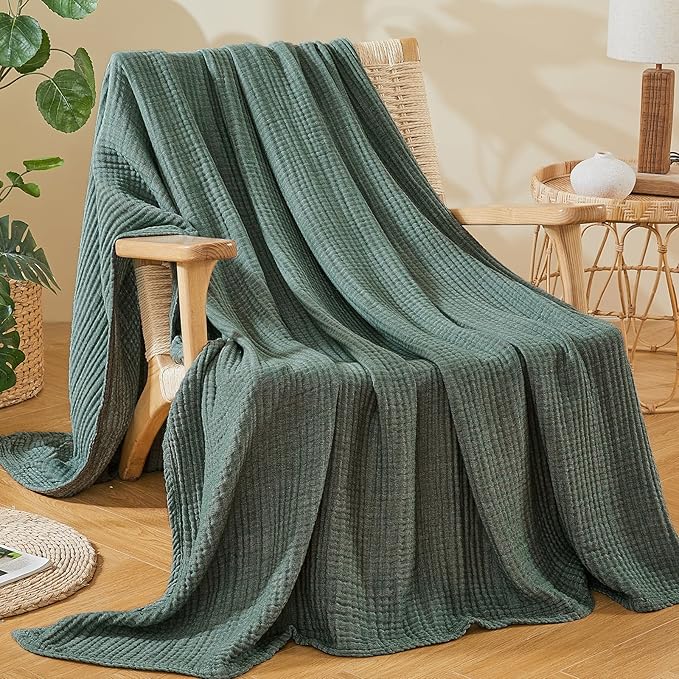 EMME Cotton Muslin Queen Blanket Bed Layering Bedspread Coverlet Breathable Gauze Soft Lightweight Blankets (Heather Forest Green, 90"x90")