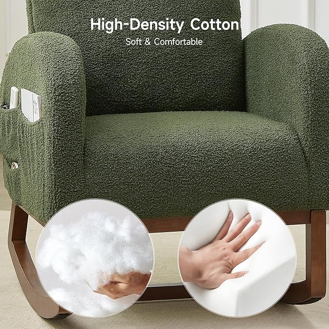ONBRILL Rocking Chair Nursery, Rocking Chairs with Solid Wood Legs, Teddy Fabric, Glider Chair with Upholstered High Backrest, Nursery Chair for Living Room, Baby Room, Bedroom (Green)