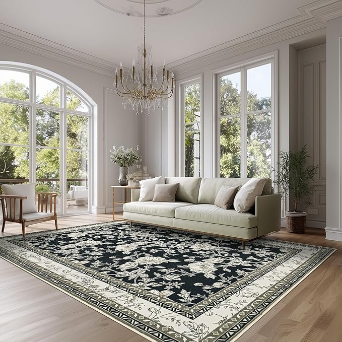 Black Farmhouse Washable 9x12 Area Rugs for Living Dining Room Bedroom Office Kitchen Table Large Rug for Under Table, Beige Cream Taupe Sketch Pattern Floral Vintage Boho Farmhouse Home Decor